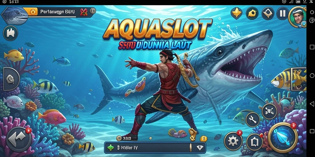 Screenshot utama AQUASLOT menampilkan aksi pertarungan seru di bawah laut.