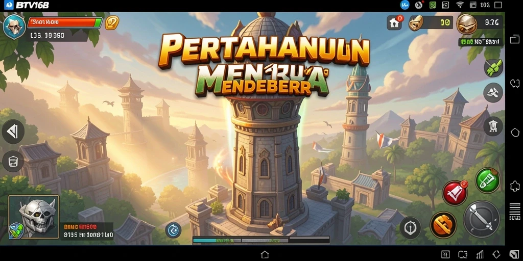 Gameplay BTV168 menampilkan menara berwarna-warni dan musuh yang melawan.