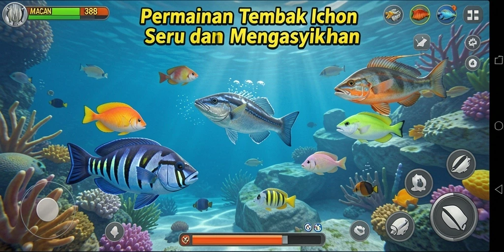 Tampilan gameplay seru dengan aksi menembak ikan.