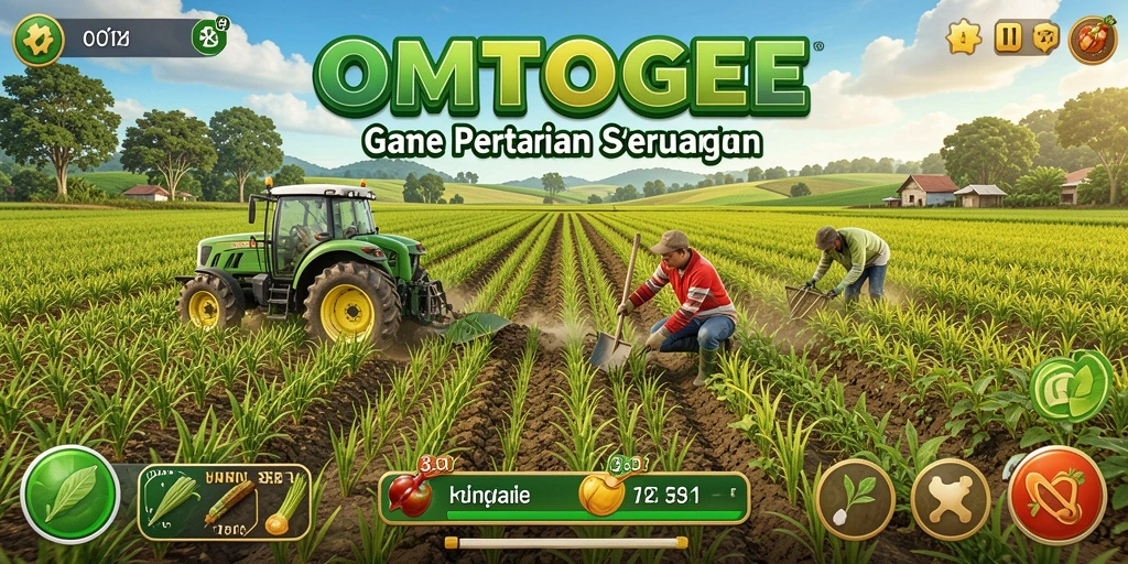 Screenshot permainan OMTOGEL menampilkan ladang yang subur dan hewan ternak yang bahagia.