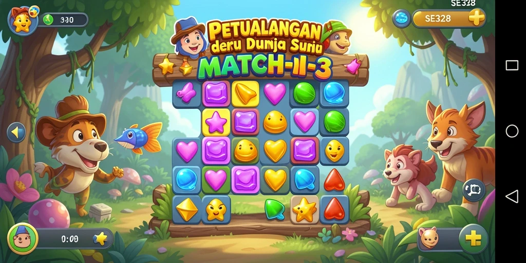 Tampilan gameplay seru dalam SE328 dengan warna cerah dan tantangan Match-3.