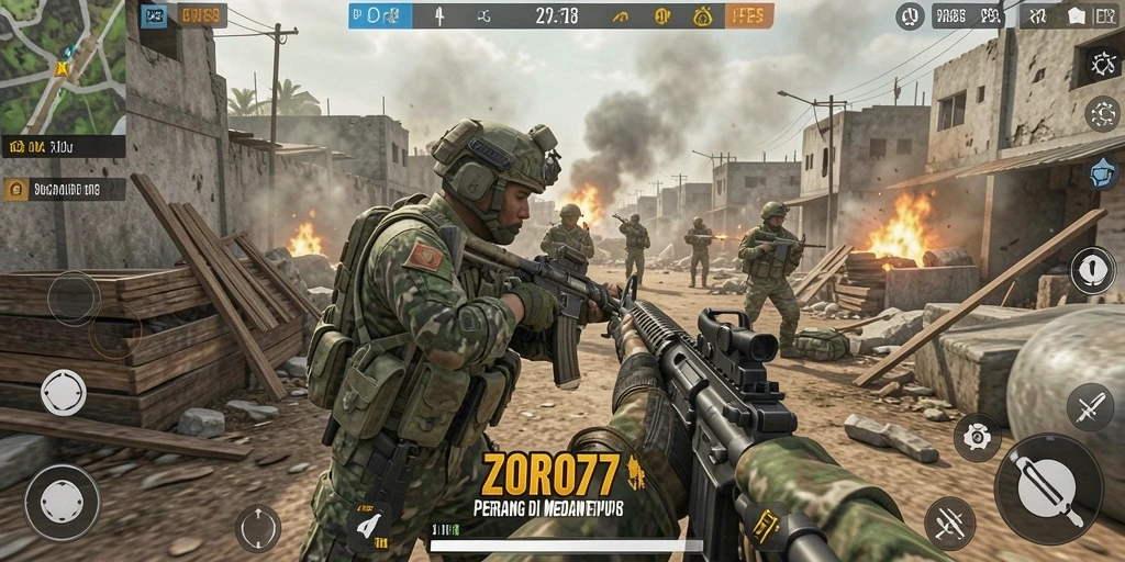 Tampilan gameplay ZORO77 dengan aksi tembak-menembak yang intens.